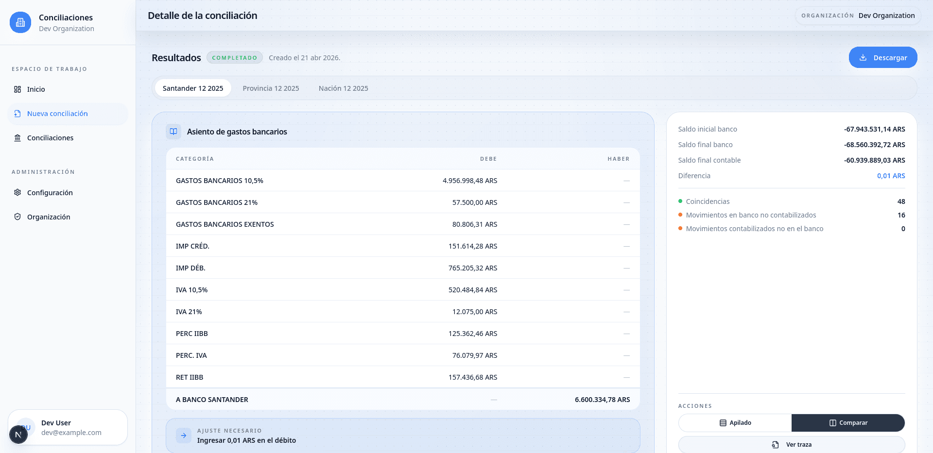 Reconciliation result view showing matched movements between bank statement and accounting extract