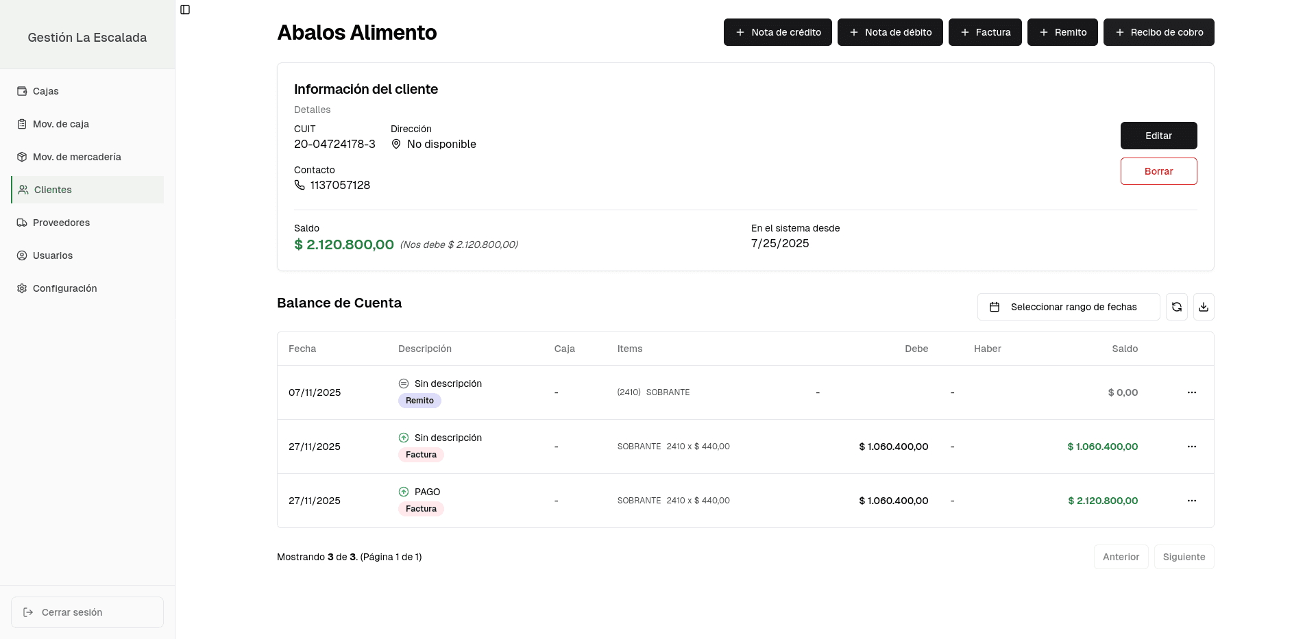 Client account history and balance tracking interface