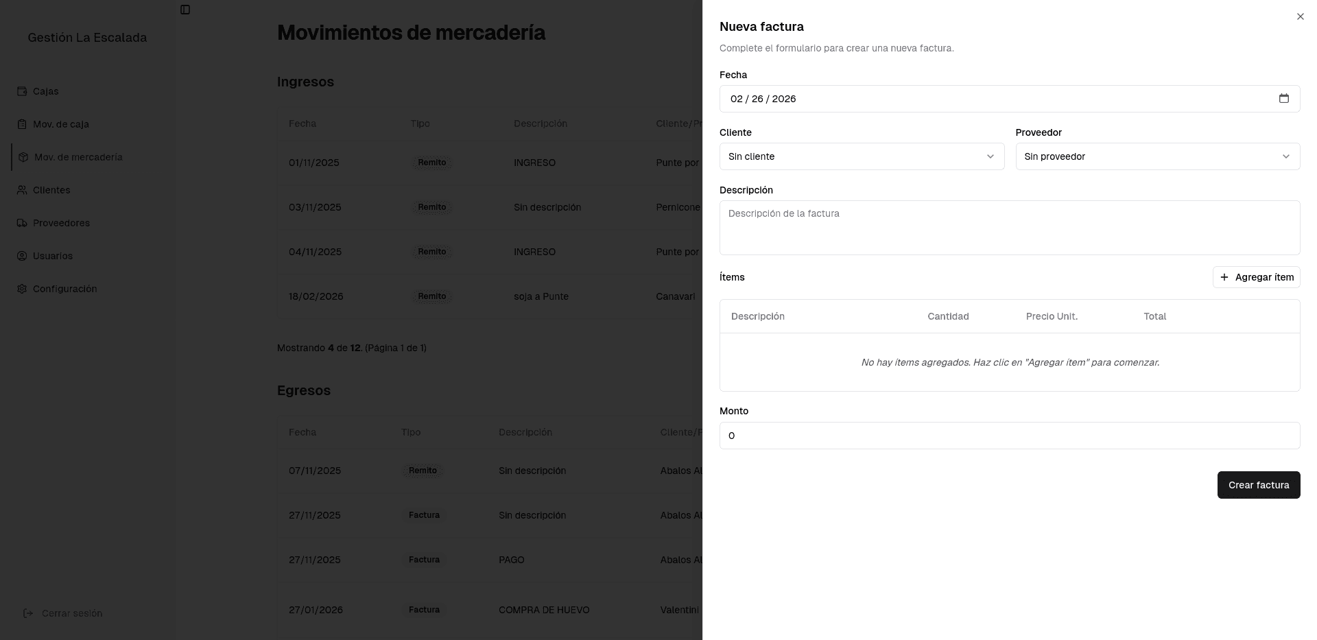 Invoice creation flow in the farm management system