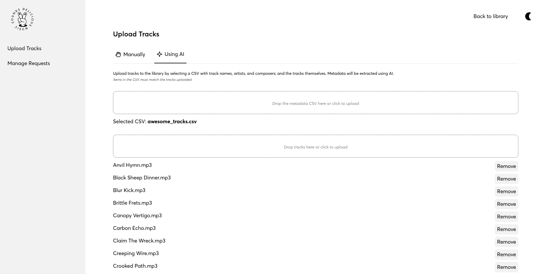 AI-assisted bulk upload interface for tagging and importing tracks