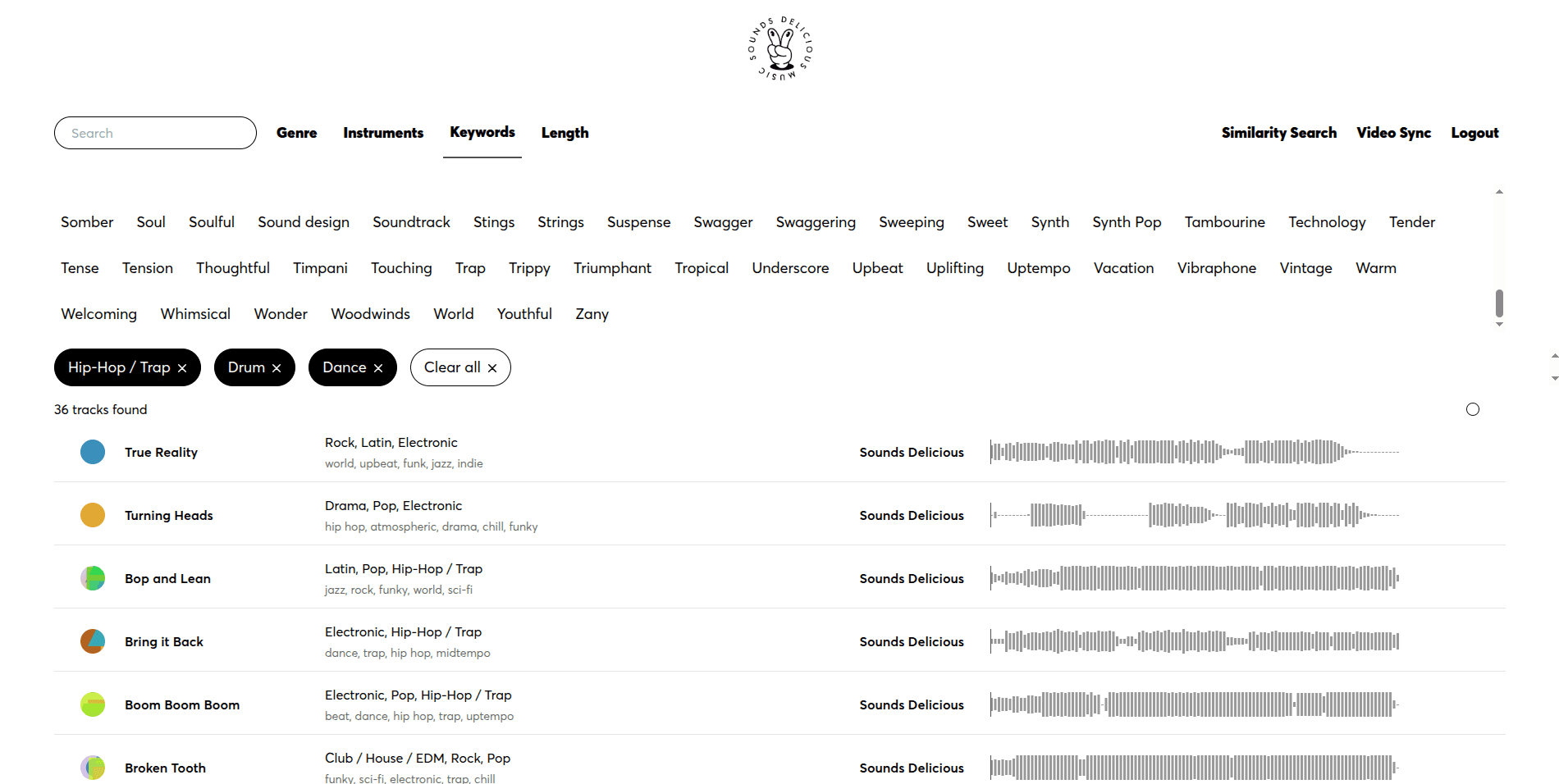 Sounds Delicious library interface with advanced music filters and search