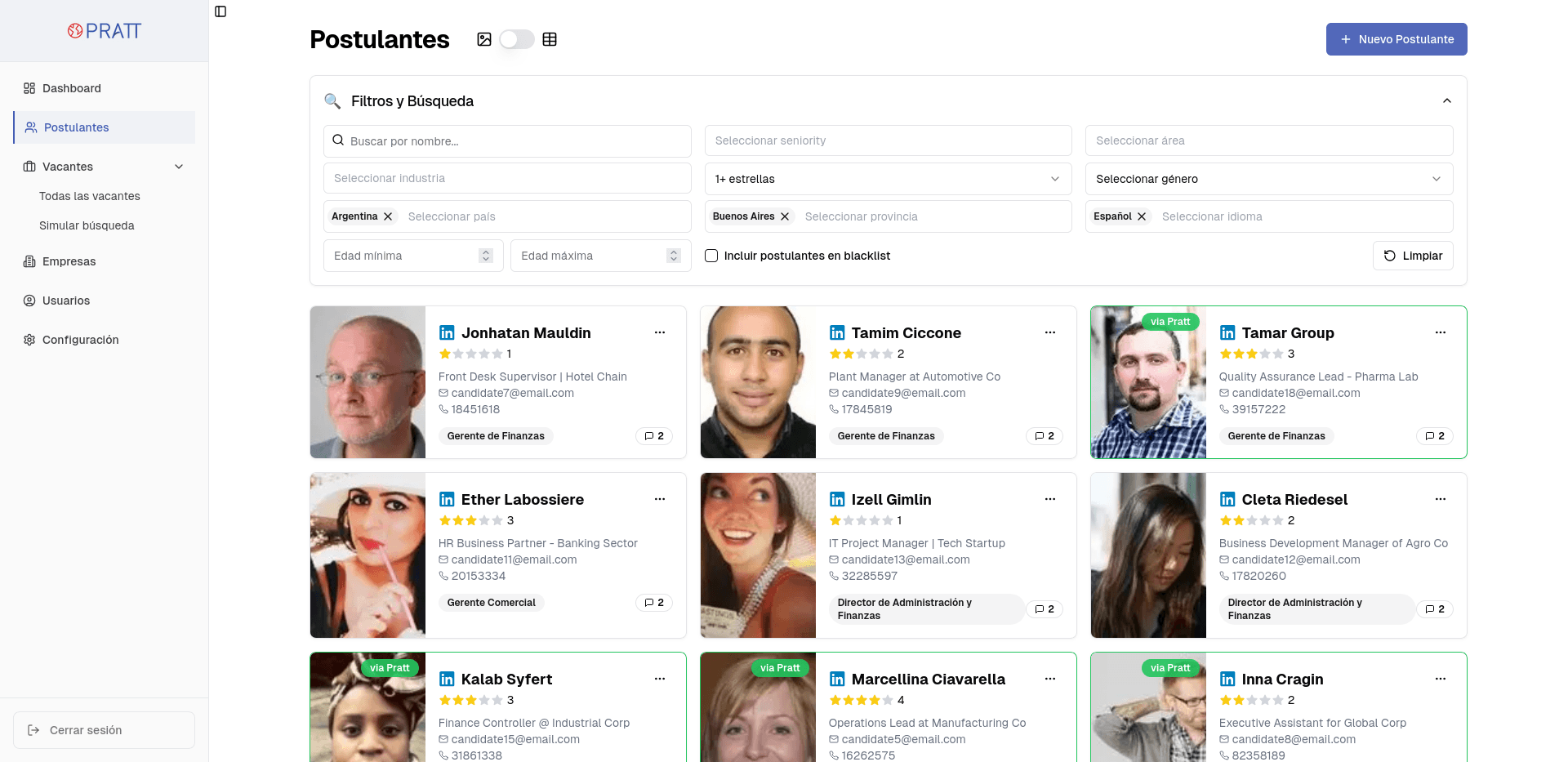 Candidate database with filterable attributes and recruiter ratings