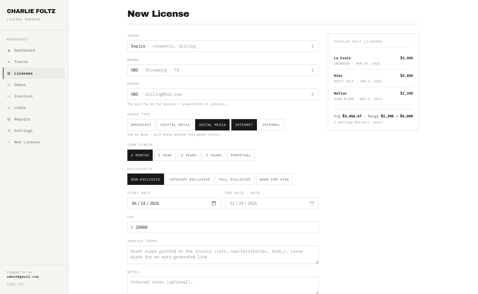 New License form in Foltz Ledger showing usage type, exclusivity, term, and a 'Similar Past Licenses' pricing panel