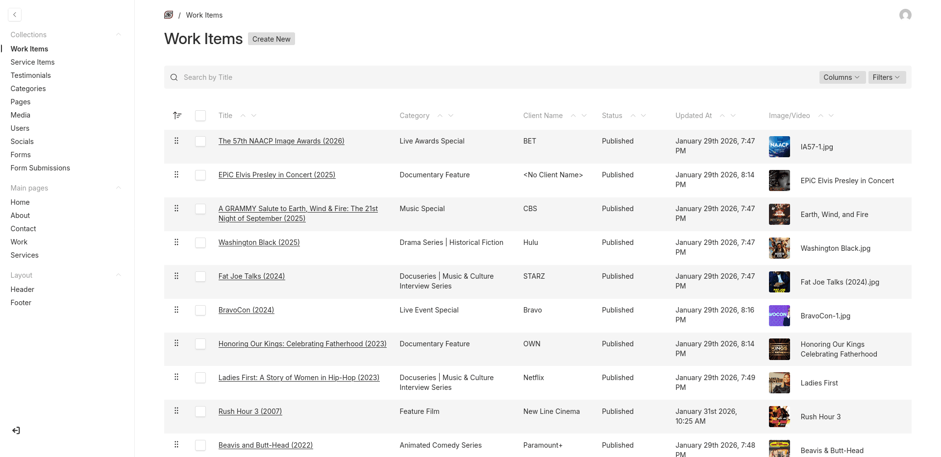 Work items collection in Payload CMS showing production entries